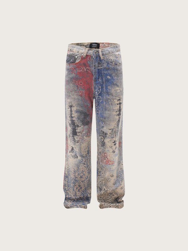 Straight-Leg Denim Pants with an Artistic Patchwork Design in Blue and Red Hues