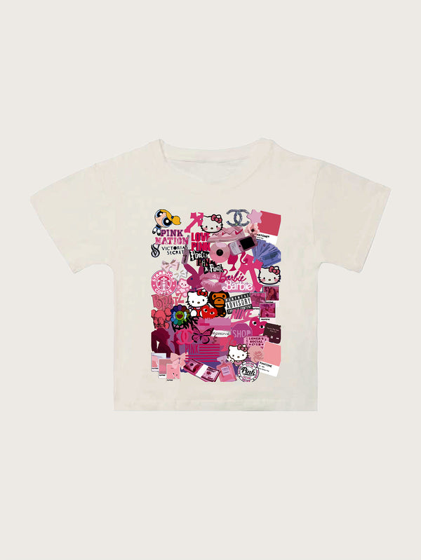 White T-Shirt Pink Aesthetic Graphic Collage Print Casual Streetwear Tee