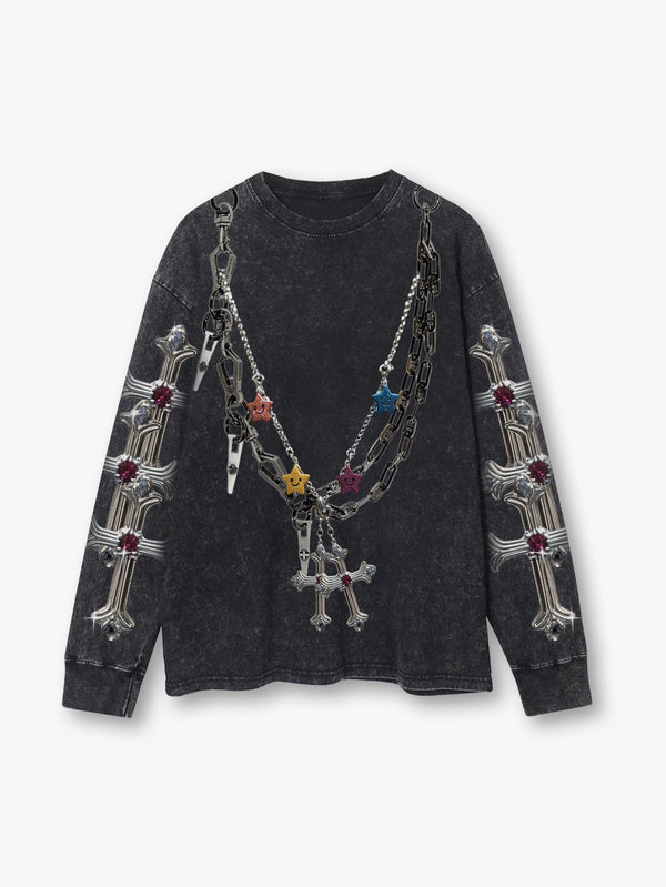 Trendy Grunge T-Shirt with Colorful Chain and Cross Graphic for Bold Street Style