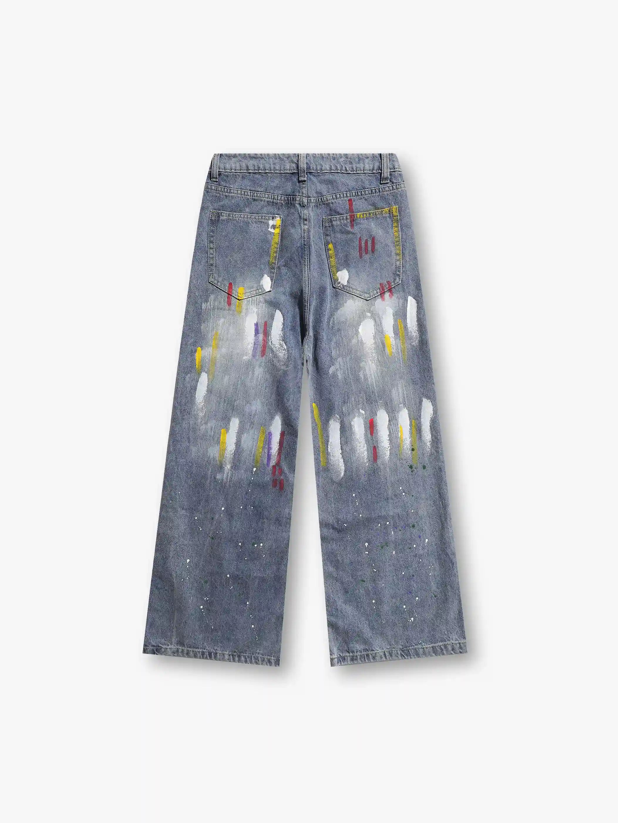 Jean large en denim artistique peint à la main avec des détails de coups de pinceau vibrants