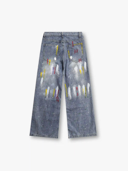 Jean large en denim artistique peint à la main avec des détails de coups de pinceau vibrants