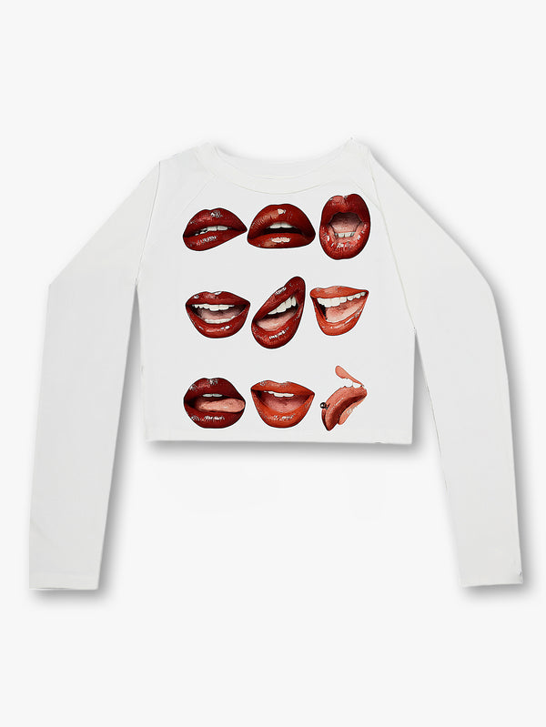 Camiseta blanca de manga larga con estampado gráfico de labios, corte ajustado, informal, estilo urbano