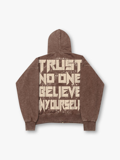 Vintage Style Zip-Up Hoodie with Praying Girls Print Casual Streetwear Stylish Brown Hoodie - 150