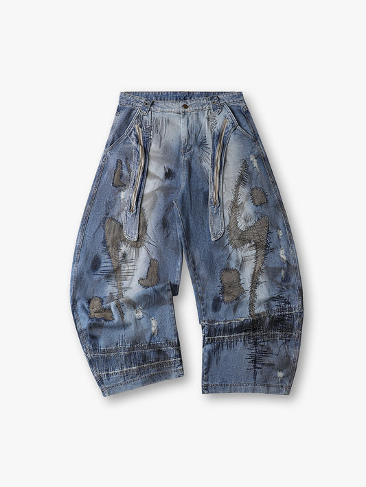 Hot Sale Streetwear Fashion Artistic Distressed Wide-Leg Denim Jeans with Zipper - S133