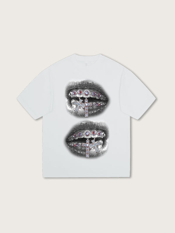 Street Style Graphic White T-shirt with Diamond Grill and Cross Design