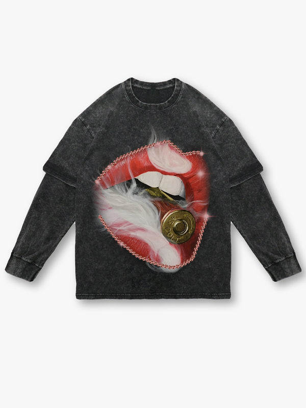 Edgy Graphic T-Shirt with Red Lip and Bullet Detail for Trendy Streetwear
