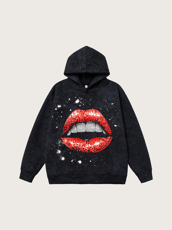 Cosmic Black Hoodie with Sparkling Red Lips and Diamond Teeth Graphic For Street Style