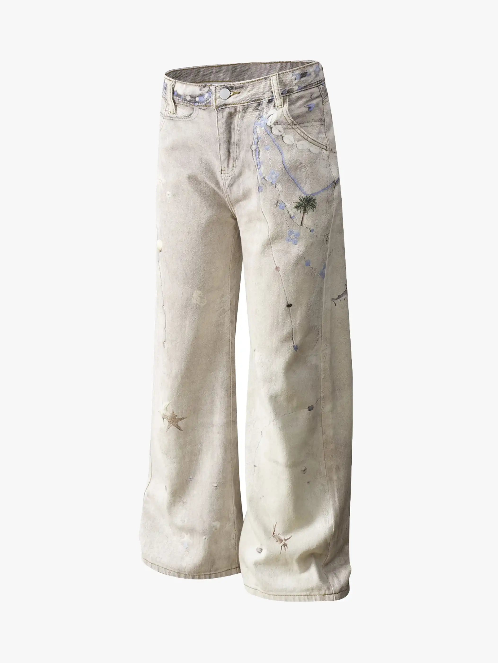 Beige Wide Leg Vintage Printed Jeans-S1026