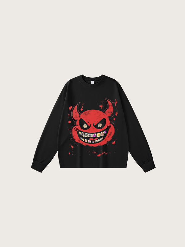 Double Crazy Black Sweatshirt with Devil Graphic and Diamond Teeth Design