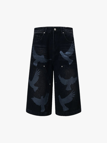 Trendy Black Denim Shorts with Bird Print Graphic Stylish Streetwear Casual Bermuda Pants - S966