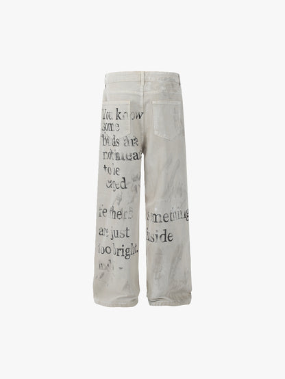 New Arrival Wide-Leg Denim Pants with Graphic Text Print Trendy Streetwear Fashion Trousers - S981