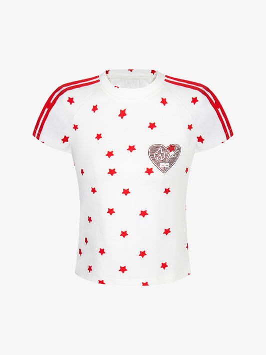 Double Crazy Star Print Sporty T Shirt Women Y2K Heart Patch Short Sleeve Tee-S1002