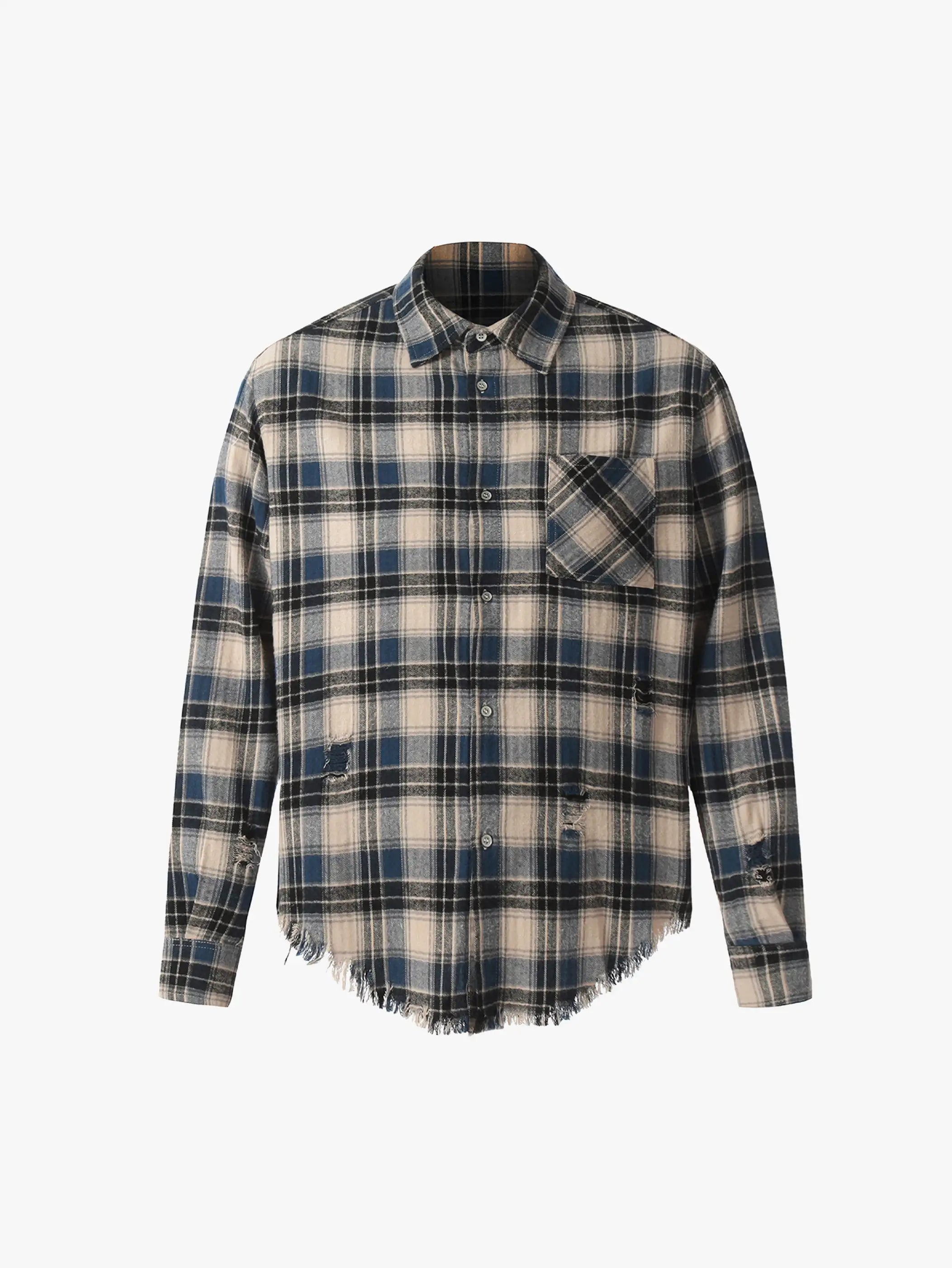 Vintage Plaid Frayed Hem Shirt-S1116