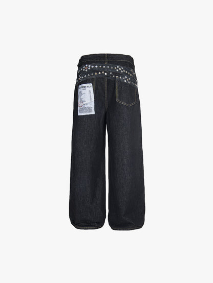 Y2K Wide Leg Jeans Women Studded Patchwork High Waist Denim Pants-S1003