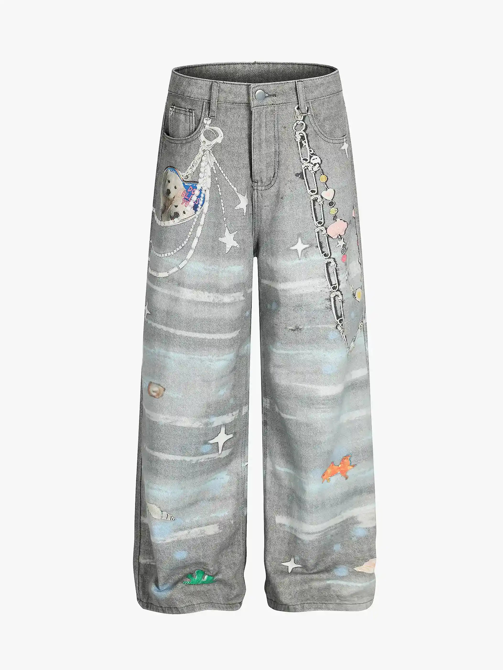 Playful Dog & Starfish Print Denim Pants-S1076