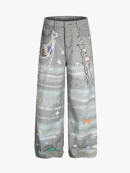 Playful Dog & Starfish Print Denim Pants-S1076