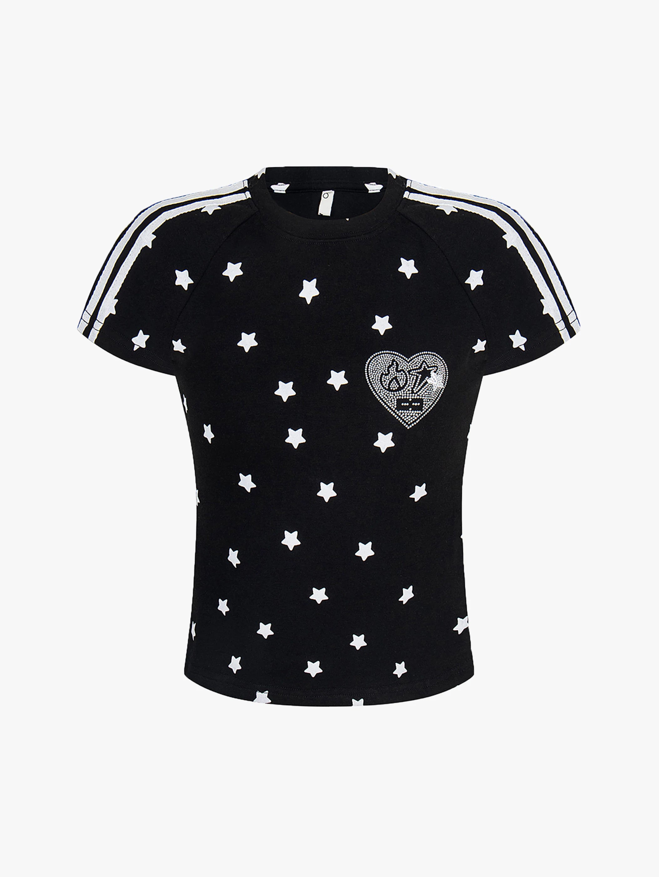 Y2K Star Print Heart Patch Sporty T-shirt-S1002