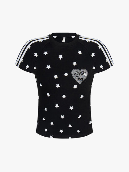Y2K Star Print Heart Patch Sporty T-shirt-S1002
