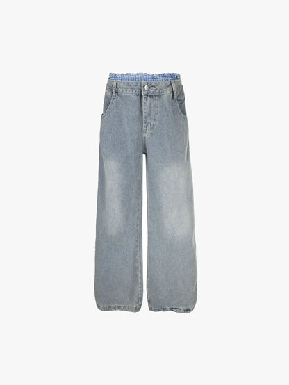 New Style Casual Wide-Leg Denim Pants with Drawstring Waist Trendy Relaxed Fit Streetwear Jeans
