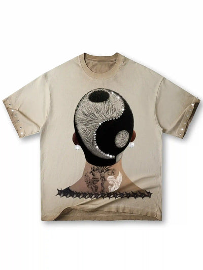 Camiseta Estampada Oversize con Gráfico de Tatuaje Estilo Punk Streetwear-210