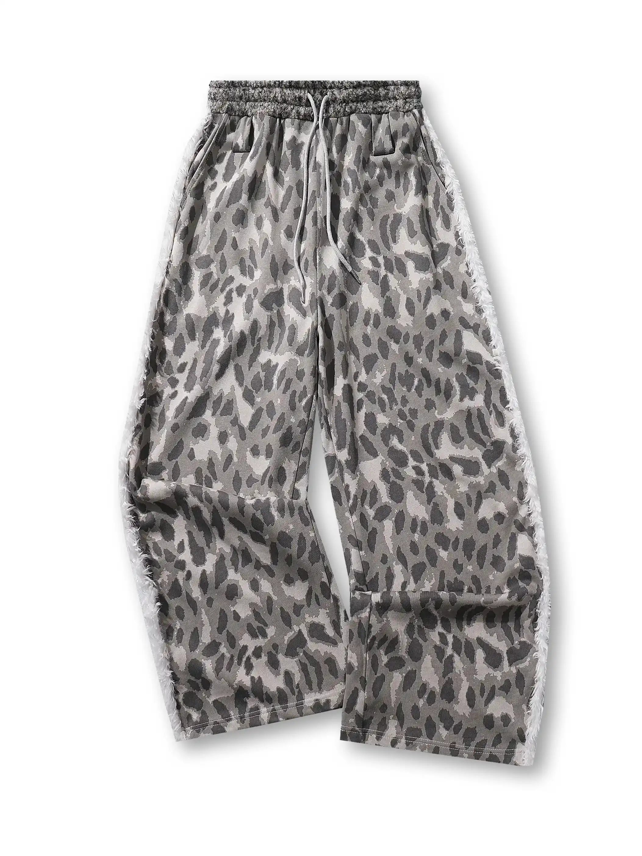 Pantalon large à imprimé léopard gris avec détails latéraux texturés et effilochés, ceinture élastique