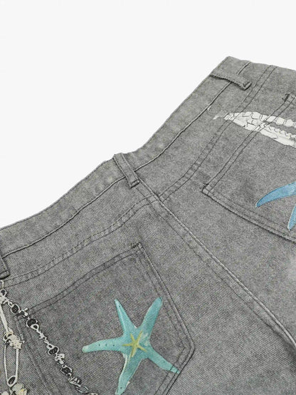 Playful Dog & Starfish Print Denim Pants-S1076