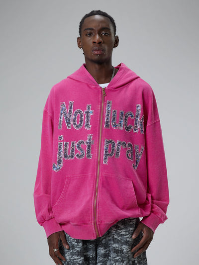 Sudadera con capucha gris Double Crazy con gráfico de texto "Not Luck Just Pray" de cristal