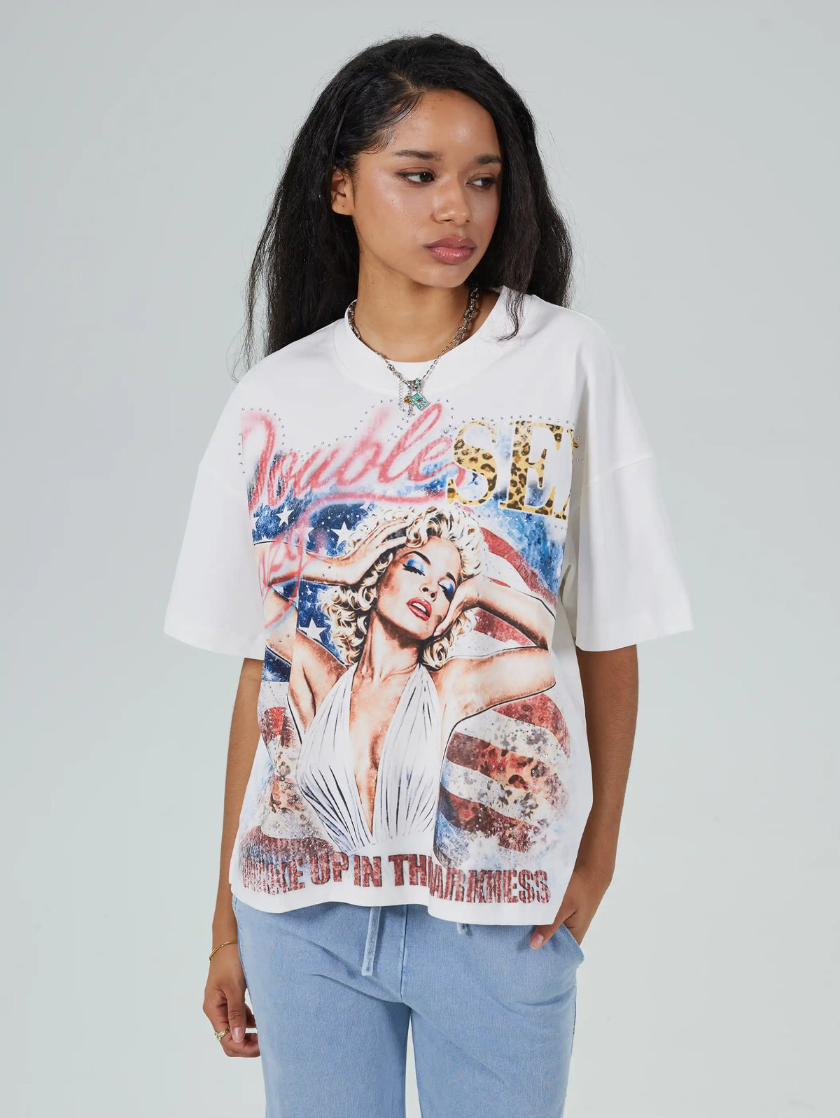 Camiseta Amplia con Estampado Bandera de EE. UU.-672