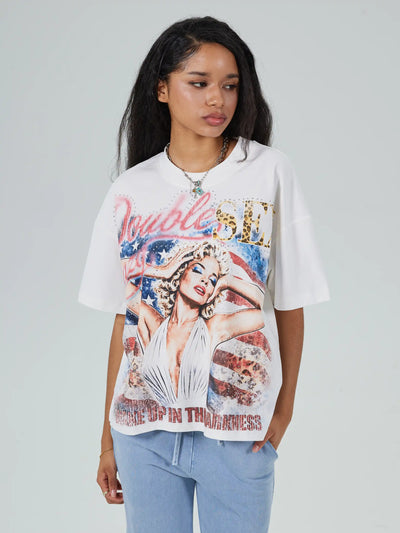 Camiseta Amplia con Estampado Bandera de EE. UU.-672
