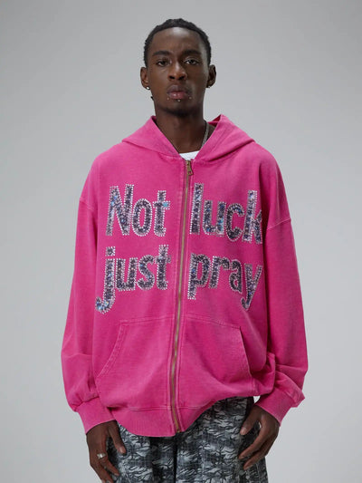 Sweat à capuche gris doublement fou avec texte « Not Luck Just Pray » en cristal 