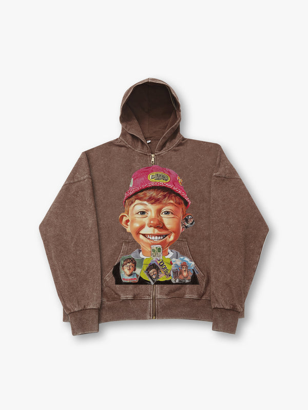 Sudadera retro marrón con dibujo de niño y estampado gráfico