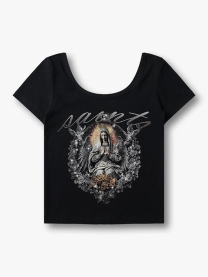 Gothic Y2K Saints Angel Print Crop T-shirt-165