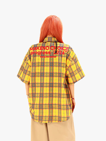 New Style Yellow Plaid Shirt Men Streetwear Graphic Pocket Back Print Summer Top-S1017