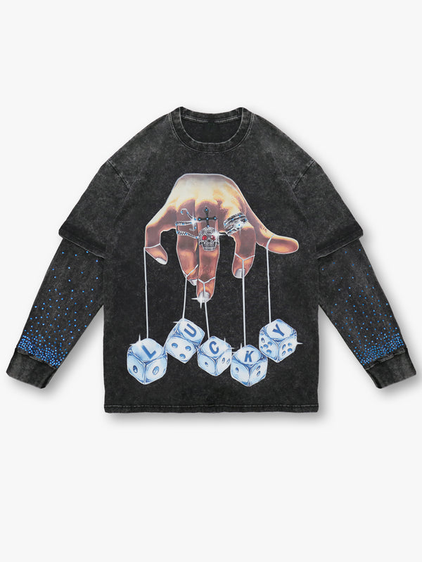 New Style Lucky Dice Graphic Sweatshirt with Skull Hand and Chain Design