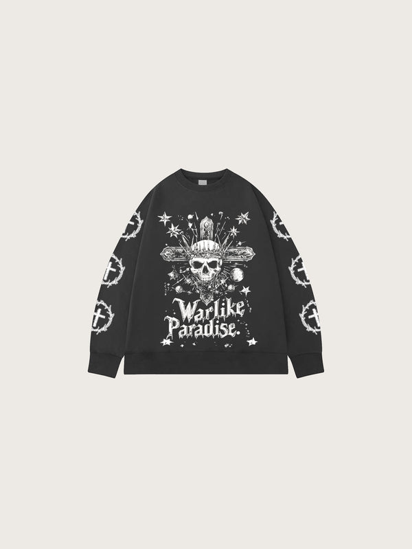 Double Crazy Black Sweatshirt with Skull Cross and War Like Paradise Graphic