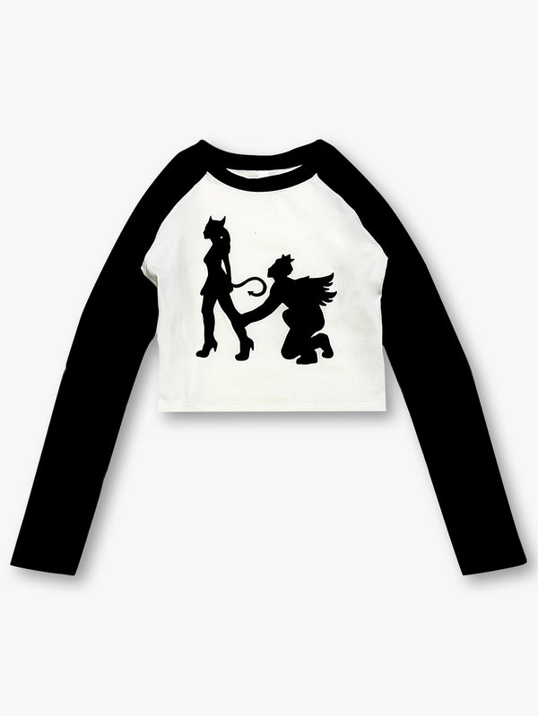 Black and White Long Sleeve Crop Top Devil Angel Graphic Print Casual Tee