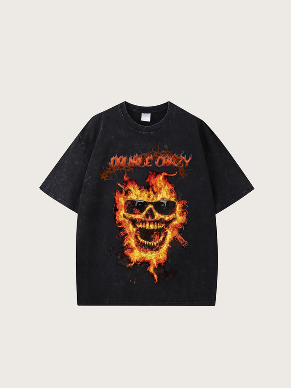 Black Washed T-Shirt Featuring a Flaming Skull with Sunglasses Highlighted by Bold Text 'DOUBLE CRAZY'