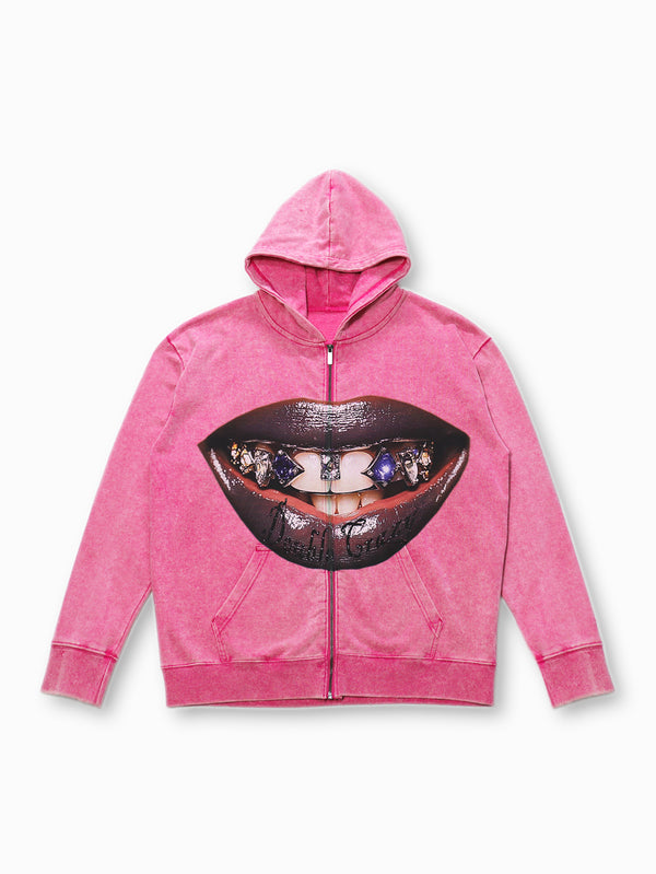 Pink Hoodie Bold Lip Graphic Design Zipper Unisex Casual Streetwear Jacket
