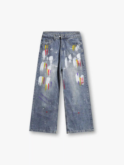 Jean large en denim artistique peint à la main avec des détails de coups de pinceau vibrants