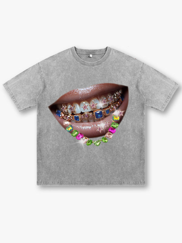 Gray Oversized T-Shirt Bold Lip Graphic Print Unisex Casual Streetwear Tee