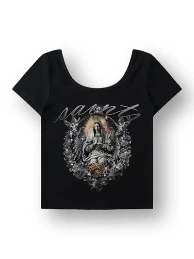 Gothic Y2K Saints Angel Print Crop T-shirt-165