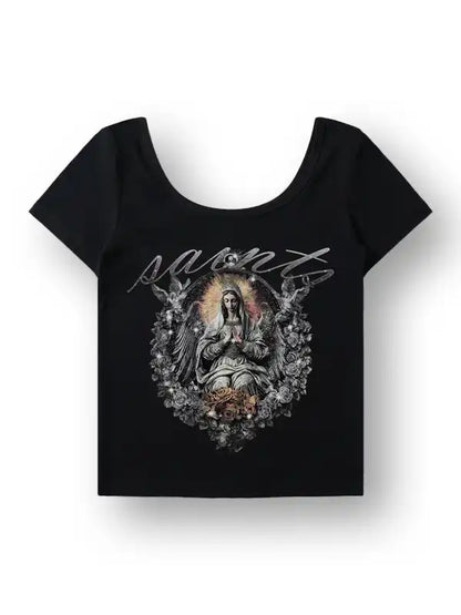 Gothic Y2K Saints Angel Print Crop T-shirt-165