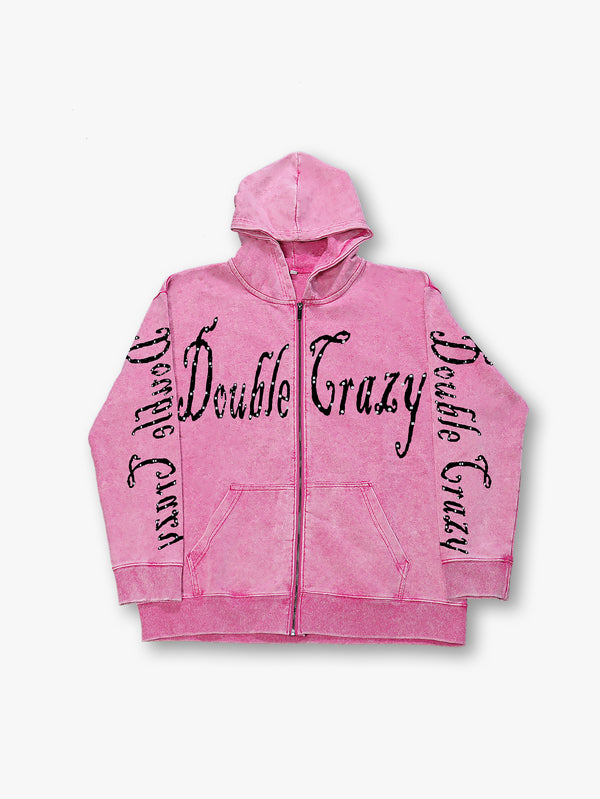 Chaqueta unisex informal con capucha rosa y estampado de texto doble Crazy con cremallera
