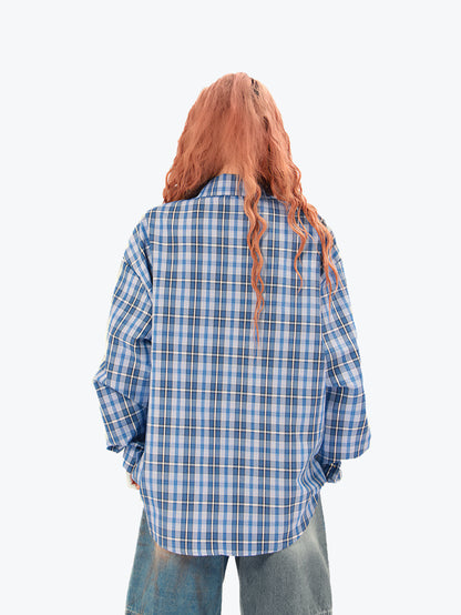 Plaid Graffiti Print Shirt Unisex Streetwear Long Sleeve Grunge Flannel Top-S1012