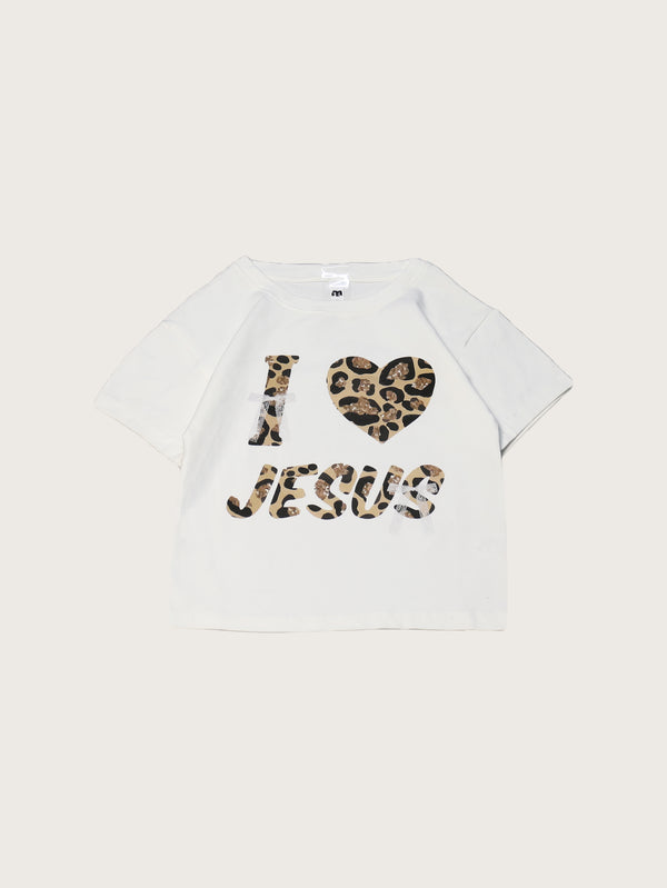 White T-Shirt I Love Jesus Leopard Print Christian Casual Graphic Tee