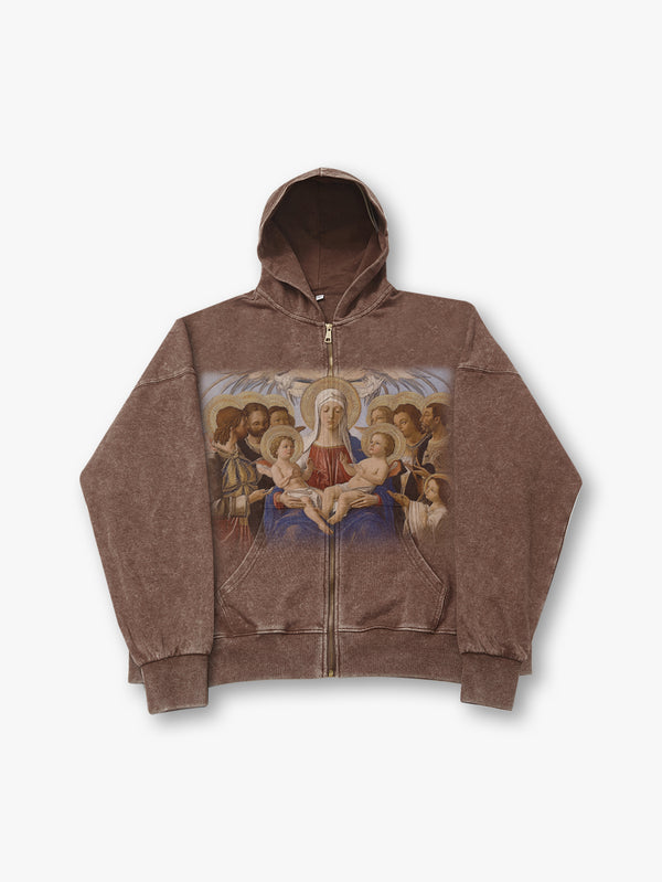 Street Style Vintage Print Zip-Up Hoodie Brown Streetwear Hoodie