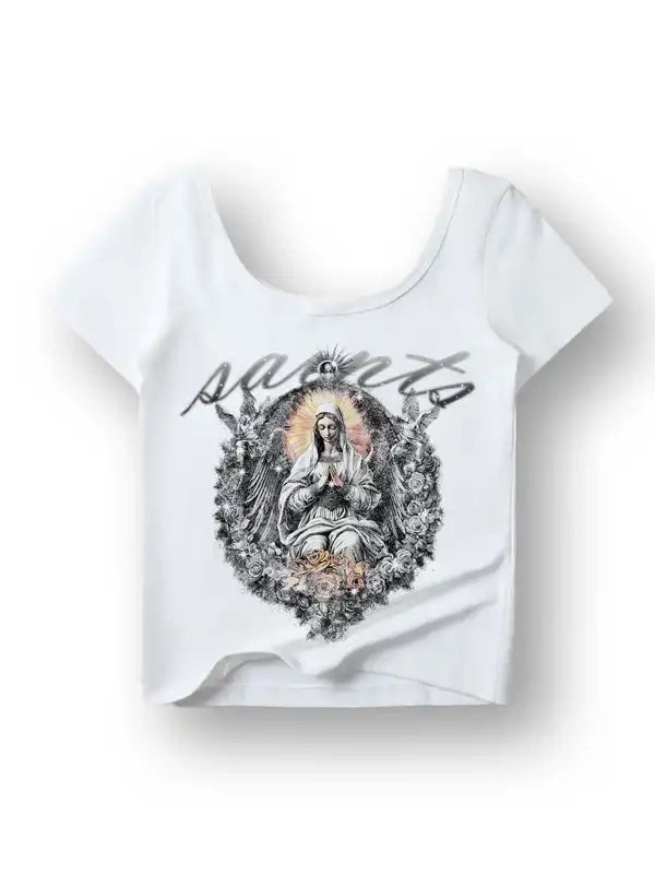 Gothic Y2K Saints Angel Print Crop T-shirt-165