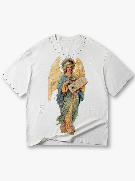 Double Crazy Angel Graphic T Shirt Vintage Distressed Holy Oversized Streetwear Tee-169
