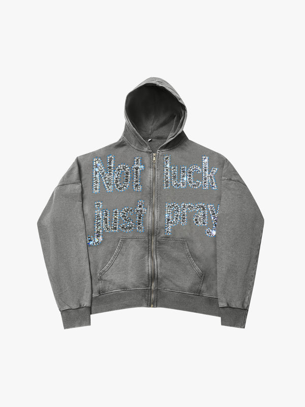 Sudadera con capucha gris Double Crazy con gráfico de texto "Not Luck Just Pray" de cristal