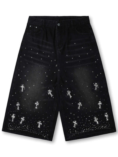 Rhinestone Cross Denim Pants-358